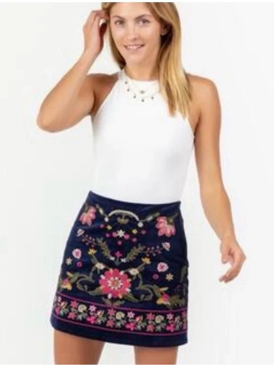 Navy Mini Skirt with Pink & Green Floral Embroidery - Picture 2 of 9